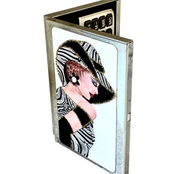 Pocket Calculator and Business Card Holder Shiny Metal Case Woman Glitter NEW - Picture 7 of 13